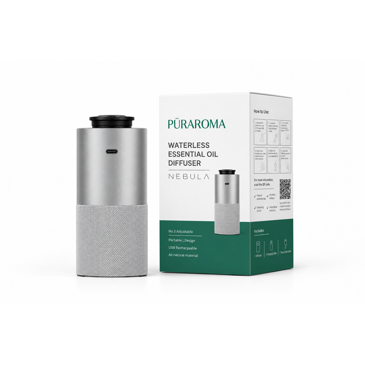 PŪRAROMA Nebula waterless diffuser shown with its box